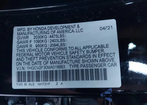 2021 Honda Accord Sport 2.0T from USA, damaged, VIN 1HGCV2F30MA018883